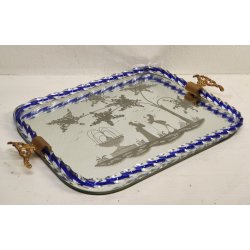 ANTICO VASSOIO a SPECCHIO CORNICE TORCIGLIONI VETRO Murano SCENA GALANTE anni 60
