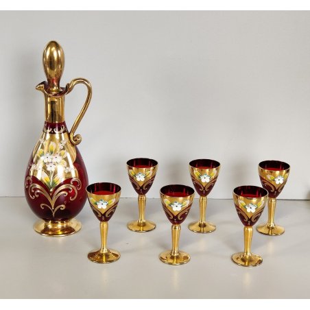 ANTICO SET LIQUORE ROSOLIO DECANTER 6 PERS. VETRO Murano ROSSO DECORO ORO FIORI