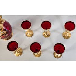 ANTICO SET LIQUORE ROSOLIO DECANTER 6 PERS. VETRO Murano ROSSO DECORO ORO FIORI