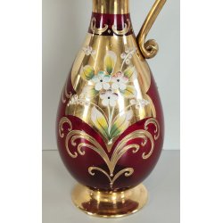 ANTICO SET LIQUORE ROSOLIO DECANTER 6 PERS. VETRO Murano ROSSO DECORO ORO FIORI