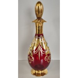 ANTICO SET LIQUORE ROSOLIO DECANTER 6 PERS. VETRO Murano ROSSO DECORO ORO FIORI