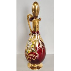 ANTICO SET LIQUORE ROSOLIO DECANTER 6 PERS. VETRO Murano ROSSO DECORO ORO FIORI