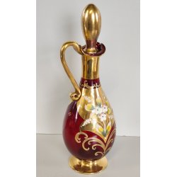 ANTICO SET LIQUORE ROSOLIO DECANTER 6 PERS. VETRO Murano ROSSO DECORO ORO FIORI