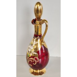 ANTICO SET LIQUORE ROSOLIO DECANTER 6 PERS. VETRO Murano ROSSO DECORO ORO FIORI