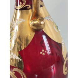 ANTICO SET LIQUORE ROSOLIO DECANTER 6 PERS. VETRO Murano ROSSO DECORO ORO FIORI