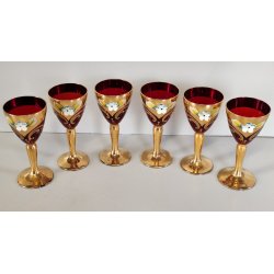 ANTICO SET LIQUORE ROSOLIO DECANTER 6 PERS. VETRO Murano ROSSO DECORO ORO FIORI
