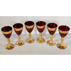 ANTICO SET LIQUORE ROSOLIO DECANTER 6 PERS. VETRO Murano ROSSO DECORO ORO FIORI