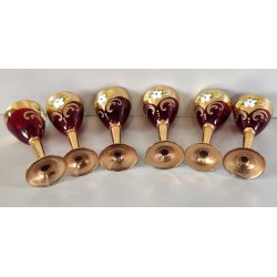 ANTICO SET LIQUORE ROSOLIO DECANTER 6 PERS. VETRO Murano ROSSO DECORO ORO FIORI