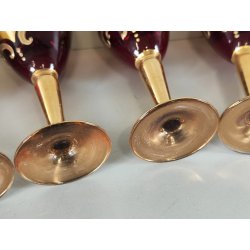 ANTICO SET LIQUORE ROSOLIO DECANTER 6 PERS. VETRO Murano ROSSO DECORO ORO FIORI