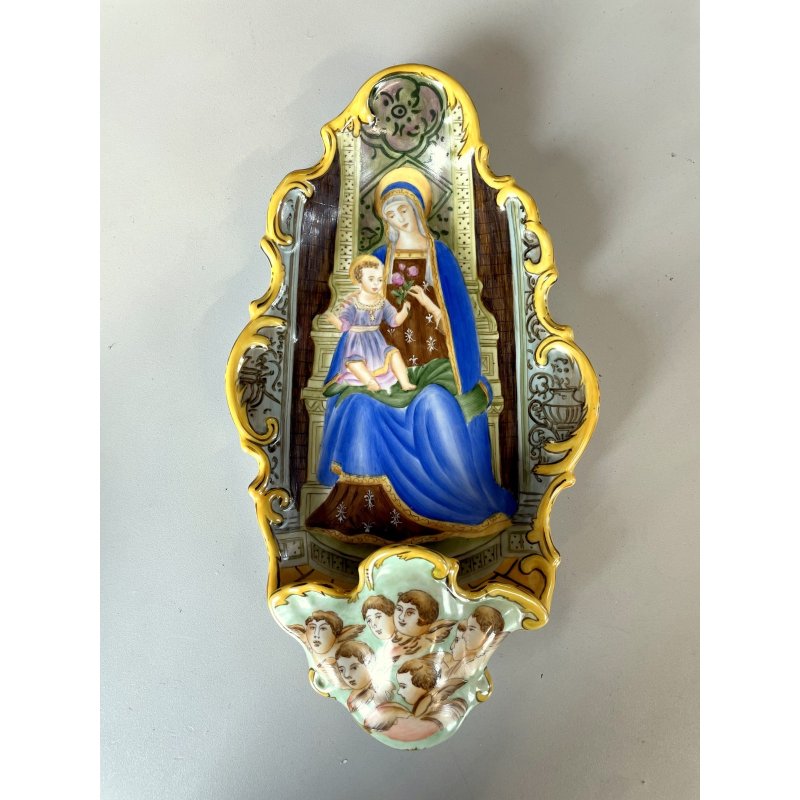 ANTICA grande ACQUASANTIERA MADONNA in CERAMICA MAIOLICA MEISSEN stile DRESDEN