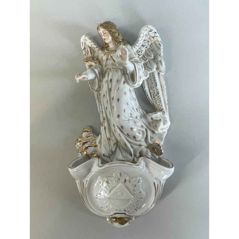 grande ANTICA ACQUASANTIERA ANGELO h 32 cm CERAMICA MAIOLICA MEISSEN o DRESDEN