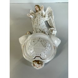grande ANTICA ACQUASANTIERA ANGELO h 32 cm CERAMICA MAIOLICA MEISSEN o DRESDEN