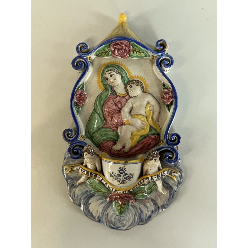 CALTGIRONE antica GRANDE ACQUASANTIERA MADONNA h 36,5 cm in MAIOLICA ceramica