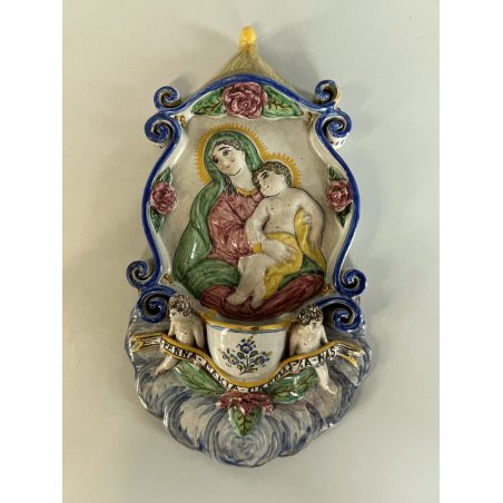 CALTGIRONE antica GRANDE ACQUASANTIERA MADONNA h 36,5 cm in MAIOLICA ceramica