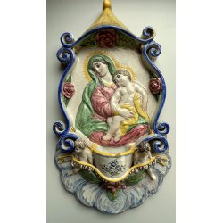 CALTGIRONE antica GRANDE ACQUASANTIERA MADONNA h 36,5 cm in MAIOLICA ceramica