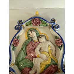 CALTGIRONE antica GRANDE ACQUASANTIERA MADONNA h 36,5 cm in MAIOLICA ceramica
