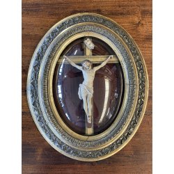 ANTICO CROCIFISSO TECA VETRO BOMBATO in CORNICE OVALE dorata CRISTO legno gesso