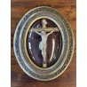 ANTICO CROCIFISSO TECA VETRO BOMBATO in CORNICE OVALE dorata CRISTO legno gesso