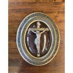ANTICO CROCIFISSO TECA VETRO BOMBATO in CORNICE OVALE dorata CRISTO legno gesso