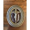 ANTICO CROCIFISSO TECA VETRO BOMBATO in CORNICE OVALE dorata CRISTO legno gesso