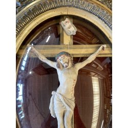 ANTICO CROCIFISSO TECA VETRO BOMBATO in CORNICE OVALE dorata CRISTO legno gesso