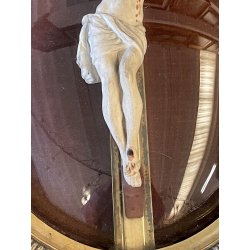 ANTICO CROCIFISSO TECA VETRO BOMBATO in CORNICE OVALE dorata CRISTO legno gesso