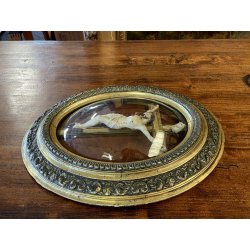 ANTICO CROCIFISSO TECA VETRO BOMBATO in CORNICE OVALE dorata CRISTO legno gesso
