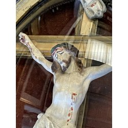 ANTICO CROCIFISSO TECA VETRO BOMBATO in CORNICE OVALE dorata CRISTO legno gesso