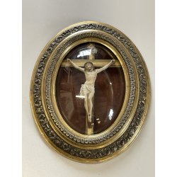 ANTICO CROCIFISSO TECA VETRO BOMBATO in CORNICE OVALE dorata CRISTO legno gesso