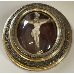 ANTICO CROCIFISSO TECA VETRO BOMBATO in CORNICE OVALE dorata CRISTO legno gesso