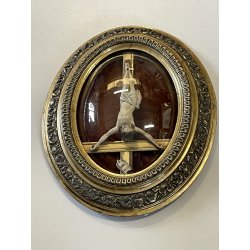 ANTICO CROCIFISSO TECA VETRO BOMBATO in CORNICE OVALE dorata CRISTO legno gesso