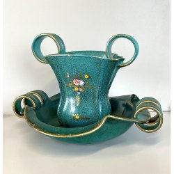 SET VASO CIOTOLA CERAMICA Deruta ATTR. G. Bicchioni VERDE ORO FIORI ART DECò