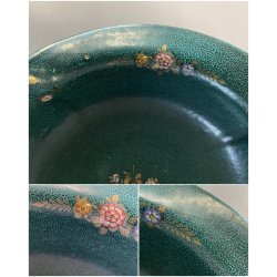 SET VASO CIOTOLA CERAMICA Deruta ATTR. G. Bicchioni VERDE ORO FIORI ART DECò