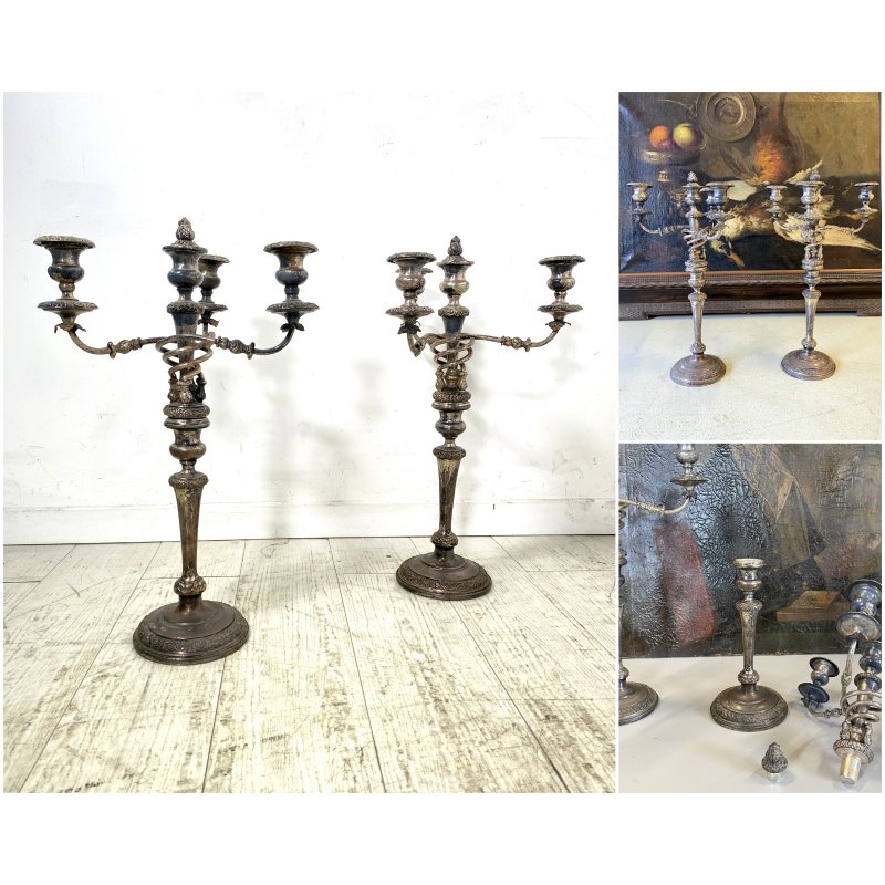 ANTICA COPPIA CANDELABRO CANDELIERE METALLO ARGENTATO 3 BRACCI 4 lumi PRIMO '900