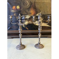 ANTICA COPPIA CANDELABRO CANDELIERE METALLO ARGENTATO 3 BRACCI 4 lumi PRIMO '900