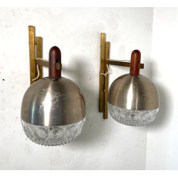 COPPIA APPLIQUE STILUX DESIGN LAMPADE PARETE VETRO VINTAGE OTTONE LEGNO ANNI 60