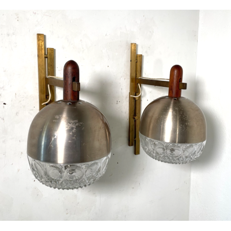 COPPIA APPLIQUE STILUX DESIGN LAMPADE PARETE VETRO VINTAGE OTTONE LEGNO ANNI 60