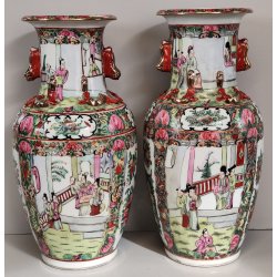 COPPIA ANTICO VASO CINESE FAMILLE ROSE PORCELLANA DIPINTO SCENA QUOTIDIANA FIORI