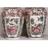 COPPIA ANTICO VASO CINESE FAMILLE ROSE PORCELLANA DIPINTO SCENA QUOTIDIANA FIORI
