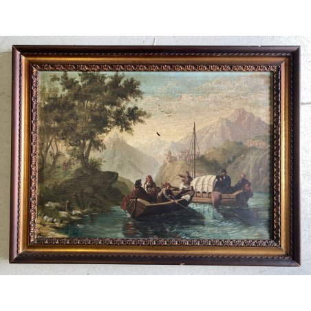 QUADRO DIPINTO OLIO "Crossing at the Schreckenstein"  PAESAGGIO ROMANTICO '800
