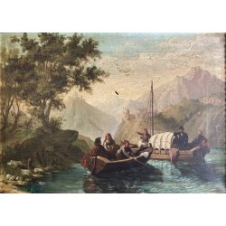 QUADRO DIPINTO OLIO "Crossing at the Schreckenstein"  PAESAGGIO ROMANTICO '800
