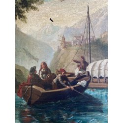 QUADRO DIPINTO OLIO "Crossing at the Schreckenstein"  PAESAGGIO ROMANTICO '800