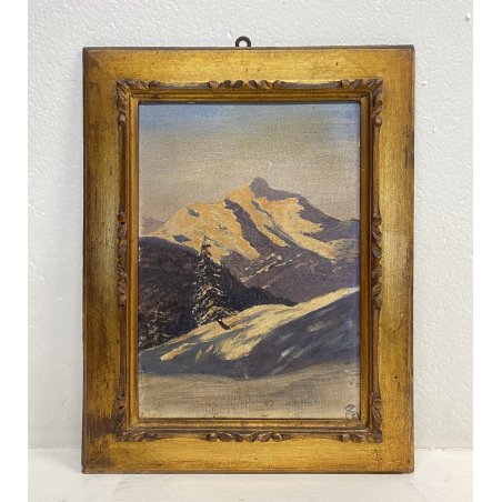 ANTICO DIPINTO OLIO A. Rosa PAESAGGIO ALPINO GHIACCIAI MONTAGNE DIVISIONISTA