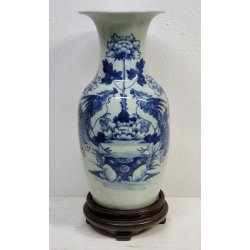 ANTICO GRANDE VASO CINESE BALAUSTRA PORCELLANA CELADON BLU BIANCO FIORI UCCELLI
