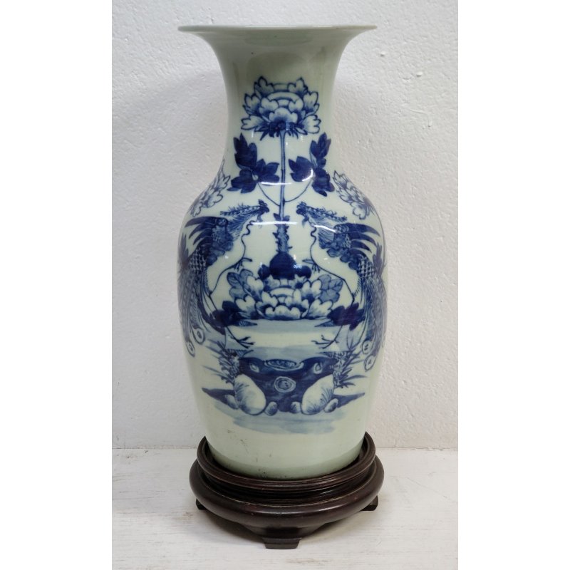 ANTICO GRANDE VASO CINESE BALAUSTRA PORCELLANA CELADON BLU BIANCO FIORI UCCELLI
