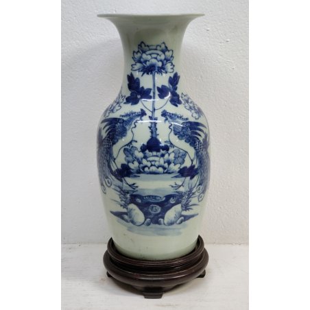 ANTICO GRANDE VASO CINESE BALAUSTRA PORCELLANA CELADON BLU BIANCO FIORI UCCELLI