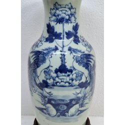 ANTICO GRANDE VASO CINESE BALAUSTRA PORCELLANA CELADON BLU BIANCO FIORI UCCELLI