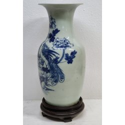 ANTICO GRANDE VASO CINESE BALAUSTRA PORCELLANA CELADON BLU BIANCO FIORI UCCELLI