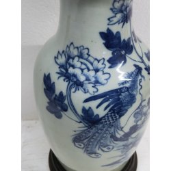 ANTICO GRANDE VASO CINESE BALAUSTRA PORCELLANA CELADON BLU BIANCO FIORI UCCELLI