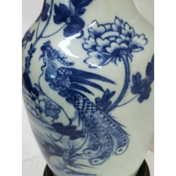 ANTICO GRANDE VASO CINESE BALAUSTRA PORCELLANA CELADON BLU BIANCO FIORI UCCELLI